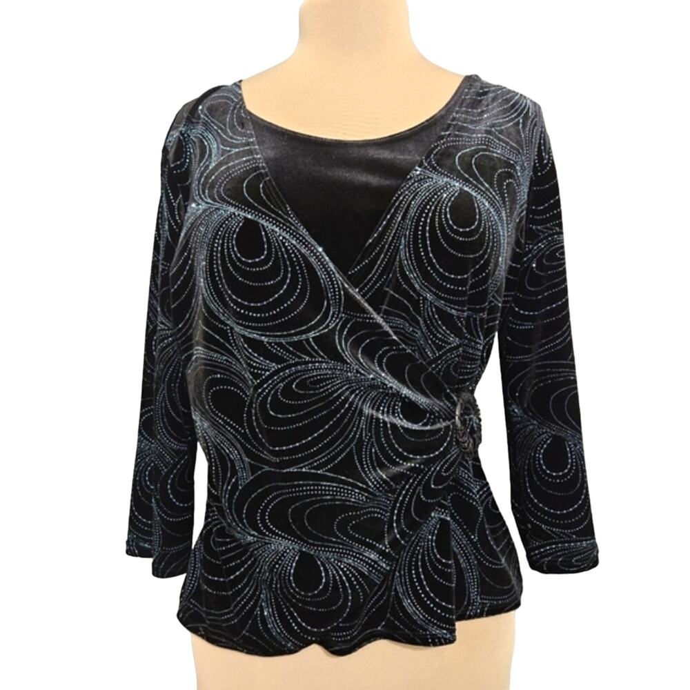 Notations Top Black Aqua Rhinestone Beaded Twofer Crushed Velvet Wrap Buckle PXL